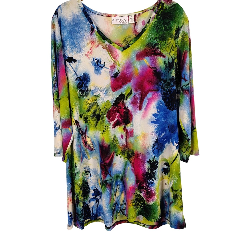 Attitudes by Renee Womens 1X V-Neck Tunic Multicolor Floral Art to Wear Artsy